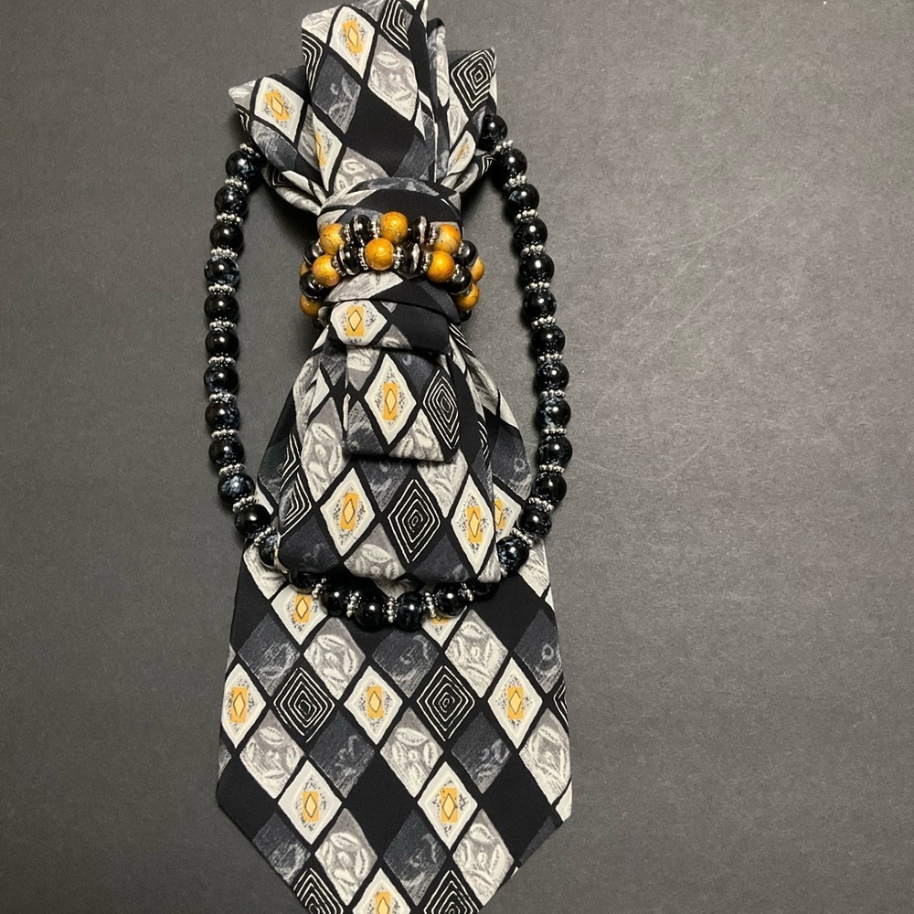 Handcrafted Necktie Necklace with Beaded Black and Gold Accent and Necklace - Picture 2 of 5